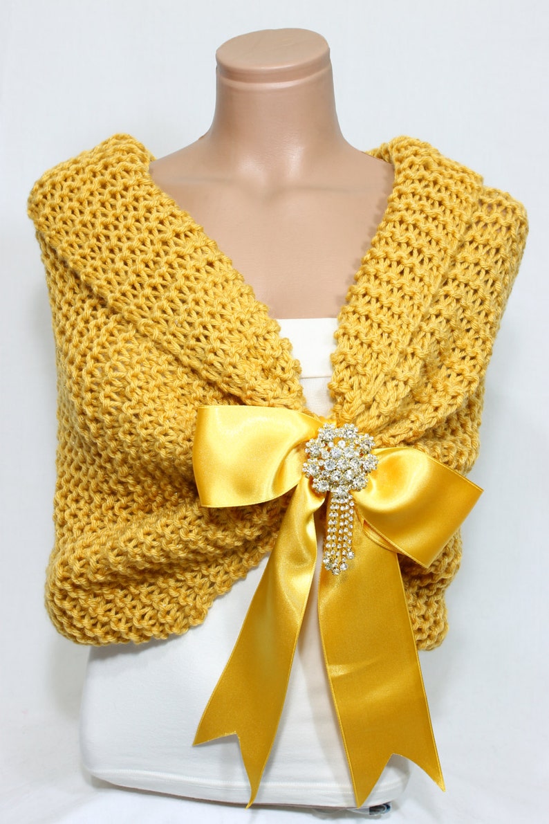 Gold Mustard Wedding Shawl, Bridal Shawl, Bridal Wedding Stole, Gold Shawl, Hand Knit Shawl, Gold Capelet, Wedding Capelet, Bridesmaid Shawl image 2