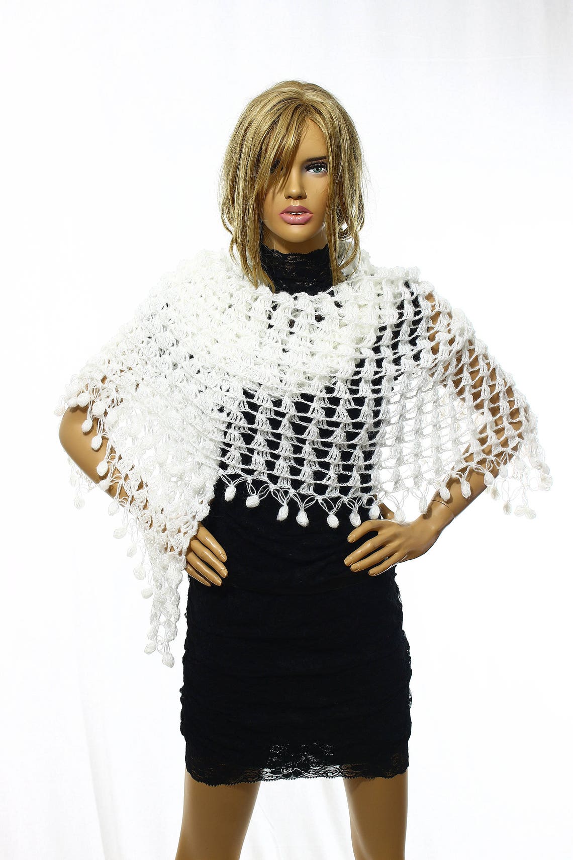70s White Crocheted Lacy Acrylic Bridal Shawl Wrap