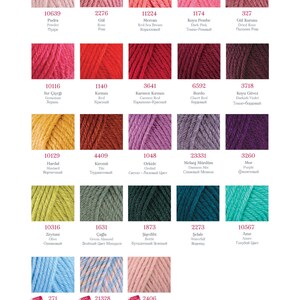 May include: A color chart of yarn samples with corresponding numbers and names in English and Russian. The yarn colors range from light pink to dark purple.