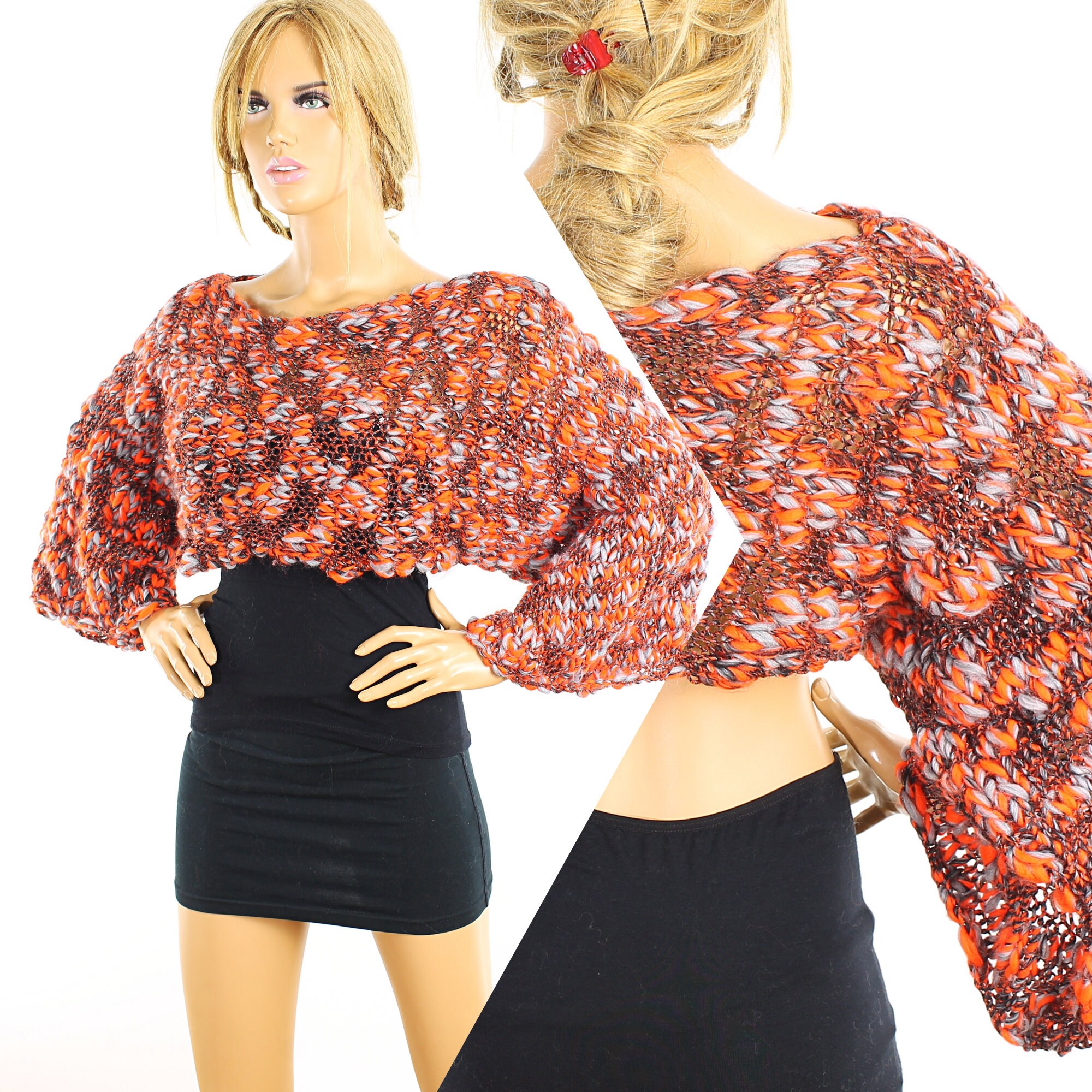 Knit Crop Top Long Sleeve Women Sweater Neon Orange Grey Wool Alpaca ...