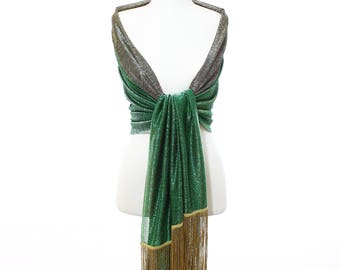 Gold Fringed Green Wedding Evening Shawl, Bridal Bridesmaid Accessories, Bridesmaids Gifts, Evening Wrap Bridesmaid Shawls Wedding Favors