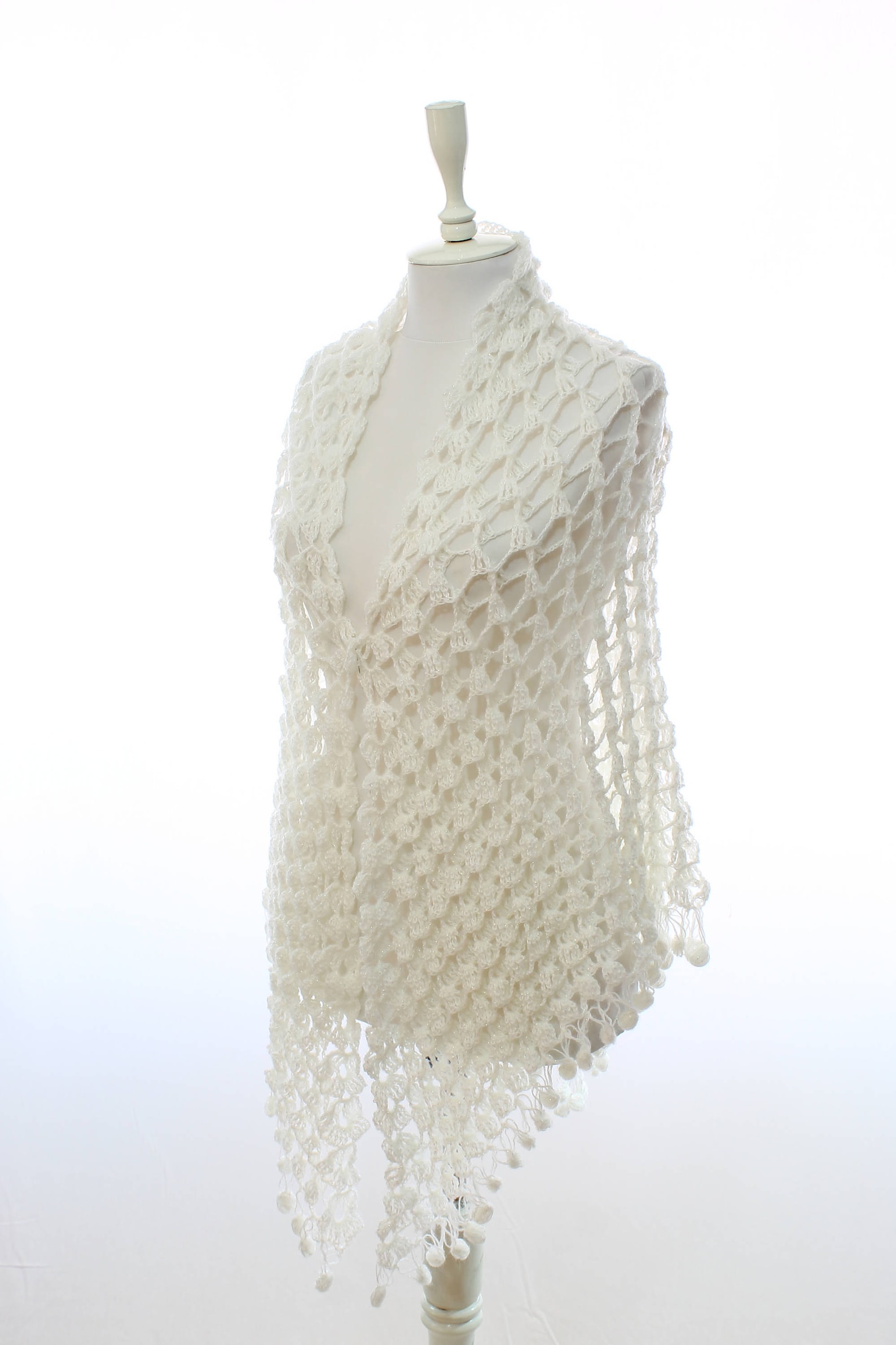 70s White Crocheted Lacy Acrylic Bridal Shawl Wrap main image 1