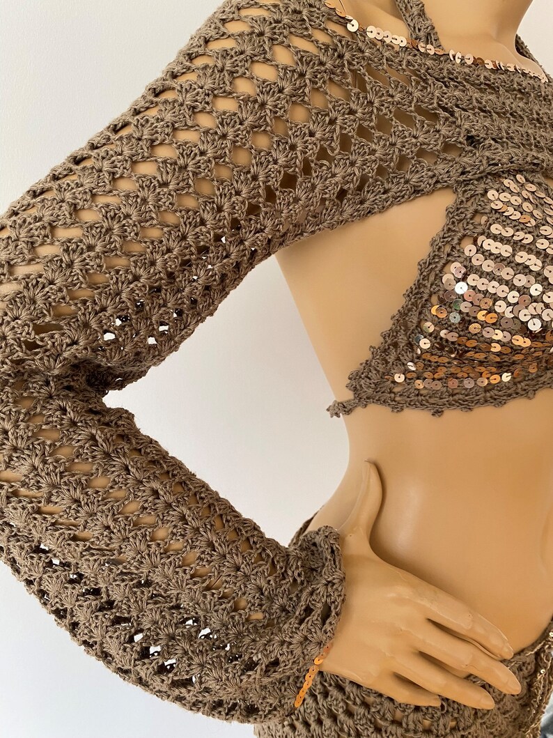 May include: A brown crochet top with long sleeves and a sequined bodice. The top has a cutout design in the front and is made of a delicate, open-weave fabric.
