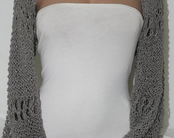 Hand Knitted Long Sleeve Gray Organic Cotton Bolero Shrug Shawl Scarf