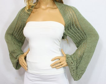 Mold Green Knit Bolero Handknit Bolero Long Sleeve Bolero 100% Organic Cotton Boleros Shrugs Wedding Bolero Bridal Shrug Bridesmaid