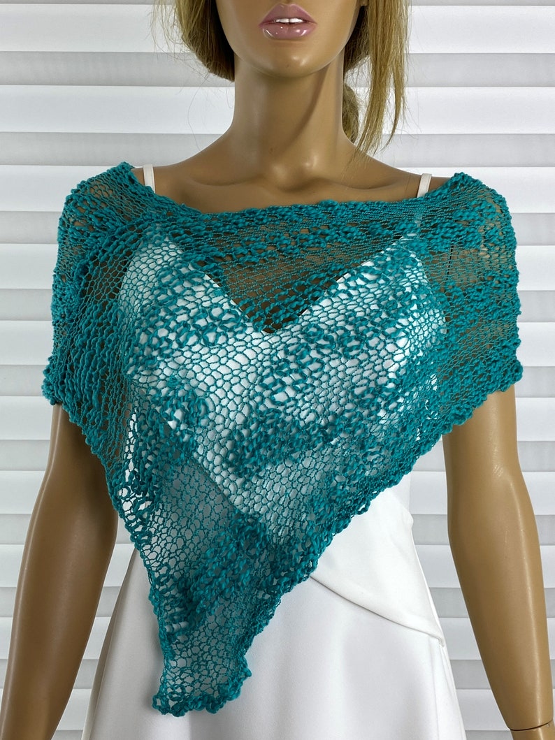 Turquoise Knit Poncho, Beach Cover, Beach Wear, Women's Poncho, Sweater Poncho, Knit Cover up by Arzu's Style image 2