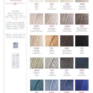 May include: A collection of yarn skeins in various colors, including white, beige, brown, gray, black, blue, and red. The yarn is labeled "Sport Wool" and is made of 25% wool and 75% acrylic. The yarn is available in 100 gram skeins, each containing 120 meters of yarn.