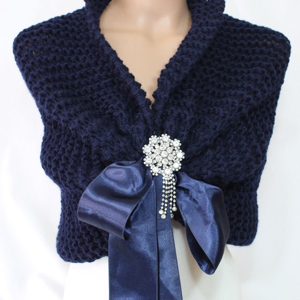 Navy Wedding Shawl, Bridal Shawl, Bridal Wedding Stole, Navy Shawl Hand Knit Shawl, Navy Capelet, Wedding Capelet, Bridesmaid Shawl