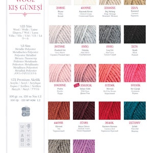 May include: A color chart of yarn for knitting and crocheting. The yarn is available in a variety of colors, including white, beige, gray, pink, red, orange, brown, teal, and black. The yarn is made of wool and acrylic.