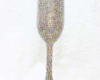 Customized Handmade Wedding Champagne Flute Glass with Opal Multicolor Rhinestone Elements