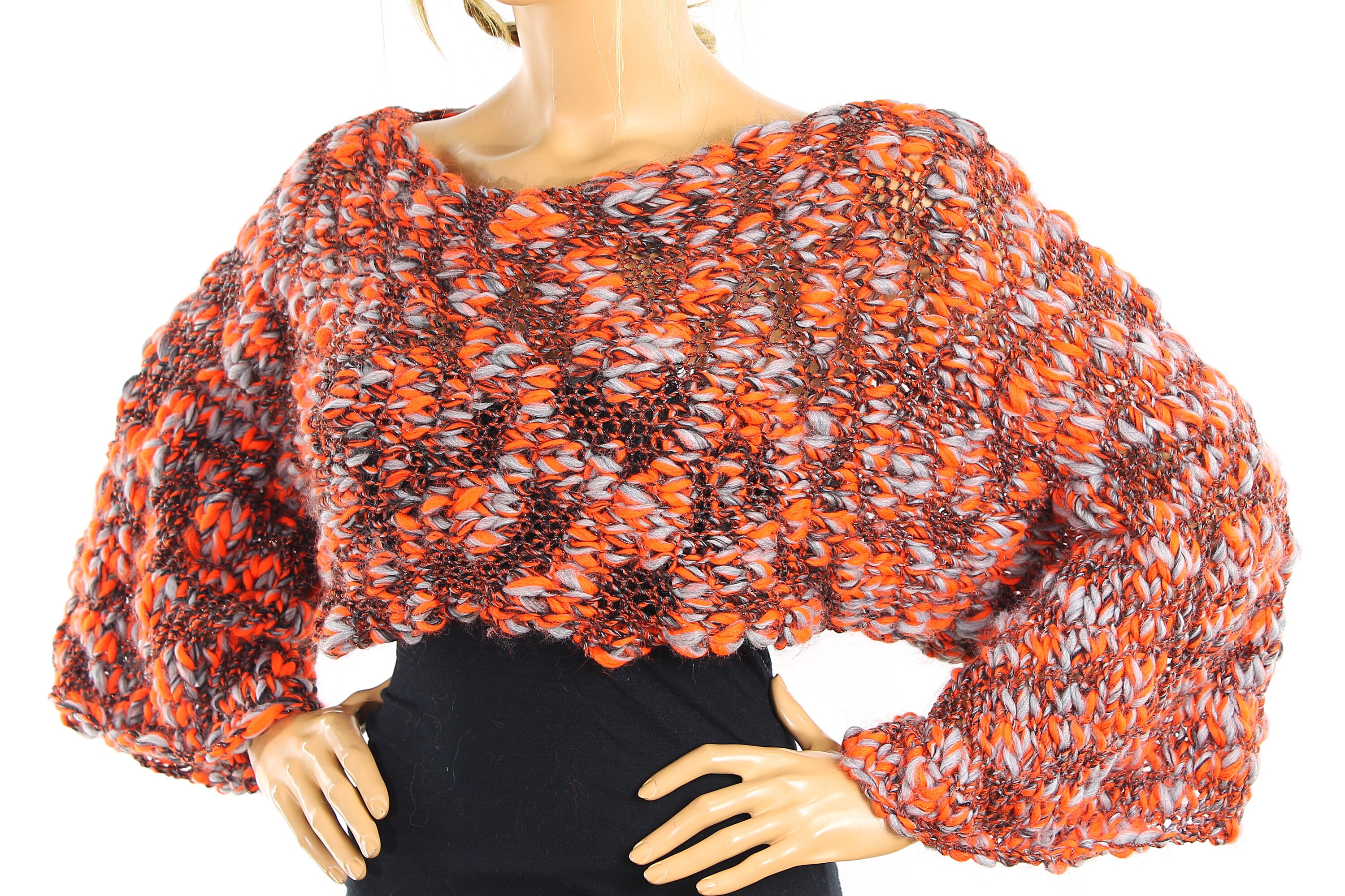 Knit Crop Top Long Sleeve Women Sweater Neon Orange Grey Wool | Etsy