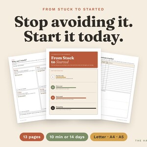 May include: A digital workbook titled From Stuck to Started with three visible pages featuring prompts, a habit tracker, and numbered steps. The text reads Stop avoiding it. Start it today. Includes labels for 13 pages, 10 min or 14 days, and Letter, A4, A5 sizes.