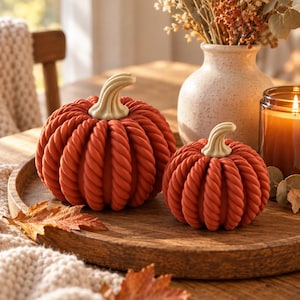 May include: Two decorative pumpkins in a deep burnt orange color, featuring a distinct twisted rope texture across their surface and topped with a smooth, light cream-colored stem. These round objects are arranged together on a wooden surface.