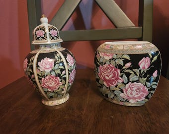 Juego de 2 piezas Lefton China Midnight Rose, año 1989: tarro de jengibre con tapa y jarrón ovalado.