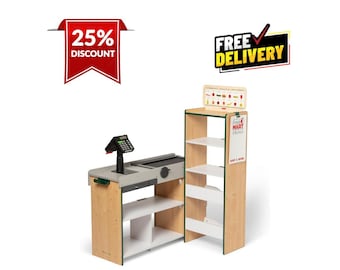 Melissa & Doug Fresh Mart Pretend Grocery Store Cash Register Scanner Shelves Conveyor Belt