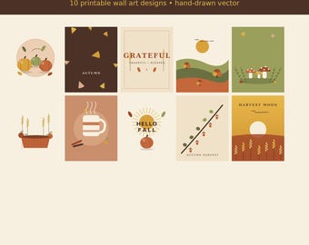 Fall Harvest Wall Art Bundle, Hand-Drawn Vector Prints (Digital Download)