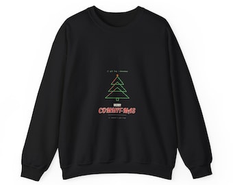 May include: A black long-sleeve sweatshirt featuring a graphic of a green outlined Christmas tree with small red dots. Above the tree is the text // git log --december and below is the text MERRY COMMIT-MAS followed by // commit -m git tags.