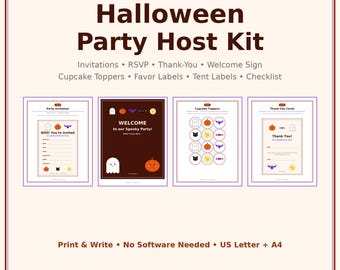 Halloween Party Host Kit Printable Invitations, RSVP Thank You Cards, Welcome Sign, Cupcake Toppers, Favor Tags, Spooky Party Decor Download