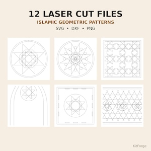 May include: A digital collection of 12 laser cut files featuring Islamic geometric patterns in SVG, DXF, and PNG formats. The image displays six distinct black line art designs, including circular, square, and arched motifs with star shapes.
