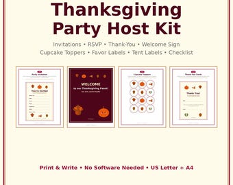 Thanksgiving Party Host Kit Printable Invitation, RSVP Thank You Cards, Welcome Sign, Cupcake Toppers, Favor Tags, Dinner Decor Download