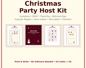 Weihnachtsparty-Gastgeber-Set: Druckbare Einladungen, Antwortkarten, Dankeskarten, Willkommensschild, Cupcake-Topper, Gastgeschenkanhänger, Partydeko zum Download
