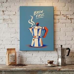 Brew First Print, Moka Pot Kitchen Wall Art, Colorful Coffee Lover Gift Poster, Retro Kitchen Decor, Digital Download