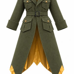 May include: An olive green long coat featuring a bright yellow lining, a belted waist with a black buckle, four front pockets with gold-toned buttons, shoulder epaulets with gold buttons, and pointed hem panels with yellow trim on the interior.