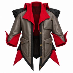 May include: A structured jacket featuring a grey body with red lapels and cuffs. It includes black shoulder panels, a front button closure with metallic buttons, and two large front pockets with flaps. The design has pointed hem details.
