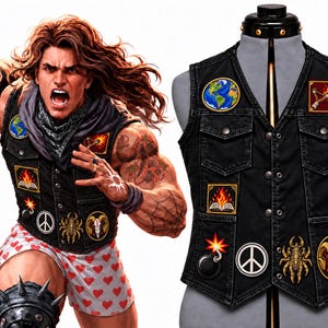 May include: A black denim vest featuring a collection of embroidered patches including a globe, a slingshot, a burning book, a bomb, a peace sign, a golden spider, and a ram skull. The vest has two chest pockets, a button-down front, and a structured collar.