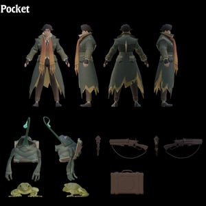 May include: A character model sheet labeled Pocket, featuring a figure in a dark green coat and orange scarf, a frog-like creature with a glowing lure, a lever-action rifle, and a rectangular brown briefcase shown from multiple angles.