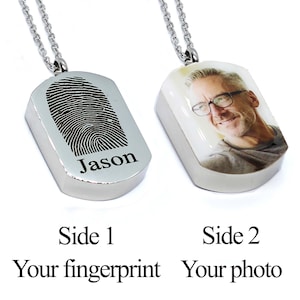 Unisex personalized urn necklace. Urn necklace. Dog photo urn necklace. Ash dog tag necklace. EKG engraving. Fingerprint urn necklace.