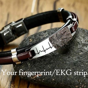 Men's monogrammed leather Personalized Finger print Bracelet.Dad gift. EKG strip engraving. Mens fingerprint bracelet. Fathers day gift.