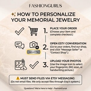 May include: An instructional graphic titled FASHIONGURUS HOW TO PERSONALIZE YOUR MEMORIAL JEWELRY. It outlines three steps: 1. Place your order, 2. Open Etsy conversation, and 3. Upload your photos. It includes icons and a warning to send files via Etsy messaging.