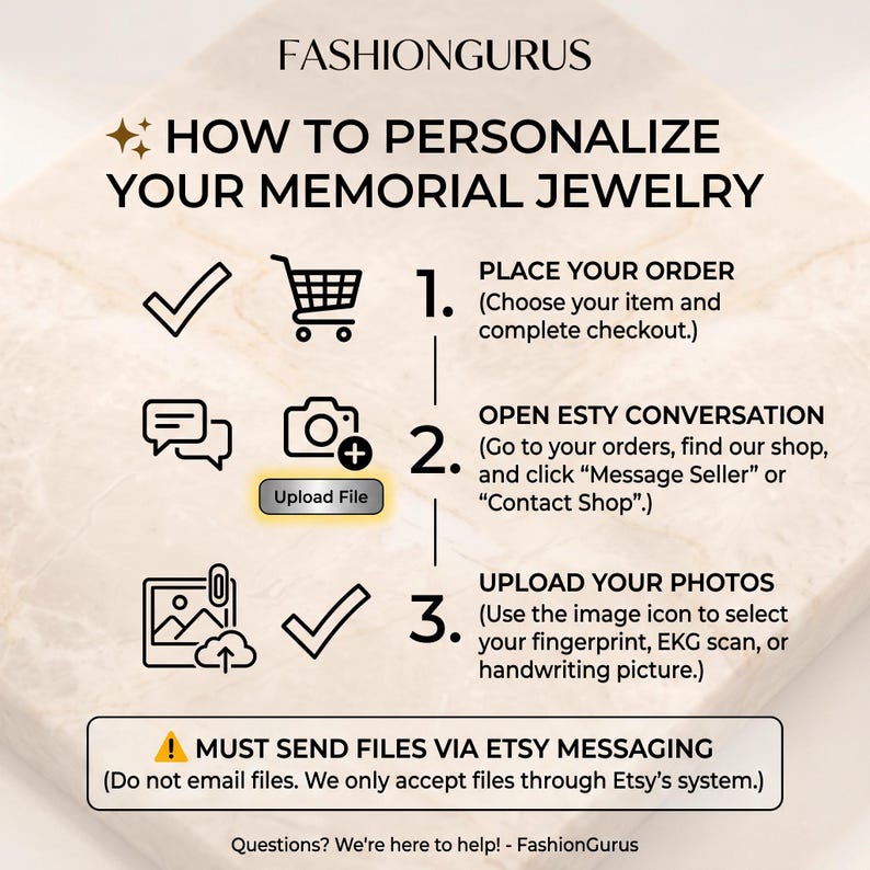 May include: An instructional graphic titled FASHIONGURUS HOW TO PERSONALIZE YOUR MEMORIAL JEWELRY. It outlines three steps: 1. Place your order, 2. Open Etsy conversation, and 3. Upload your photos. It includes icons and a warning to send files via Etsy messaging.