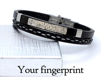 Men's monogrammed leather Personalized Finger print Bracelet.Dad gift. Mens fingerprint bracelet. Fathers day gift.