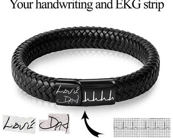 Personalized braided bracelet. Braided leather bracelet. Fingerprint bracelet, handwriting bracelet. EKG strip engraving