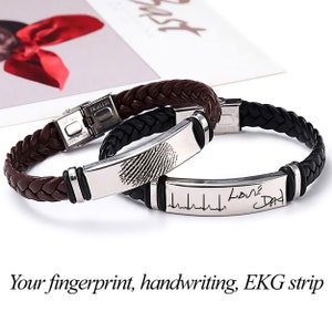 Monogrammed leather Personalized Finger print Bracelet.Dad gift. EKG strip engraving. Fingerprint bracelet. Fathers day gift.