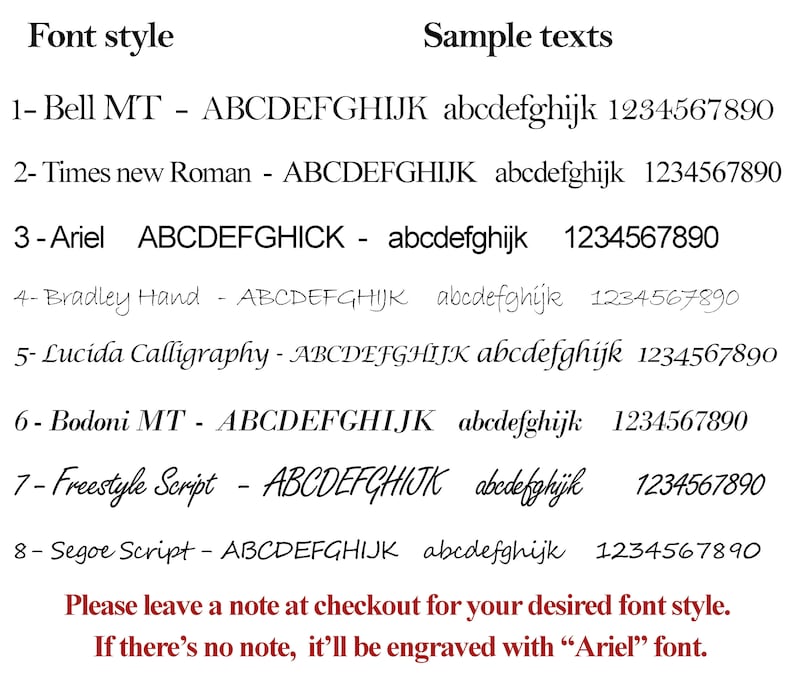 May include: A black text chart displaying eight font styles labeled 1 through 8, including Bell MT, Times New Roman, Ariel, Bradley Hand, Lucida Calligraphy, Bodoni MT, Freestyle Script, and Segoe Script, with uppercase, lowercase, and numbers.