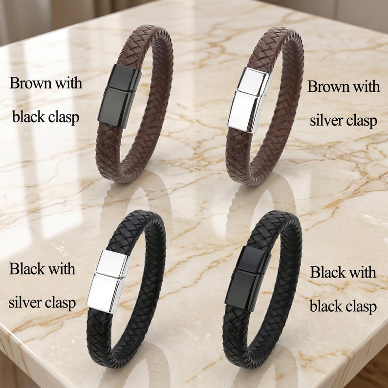 May include: Four braided bracelets in two colors. Top left: brown with black clasp. Top right: brown with silver clasp. Bottom left: black with silver clasp. Bottom right: black with black clasp. Each bracelet features a rectangular metal magnetic closure.