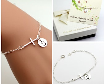 Sterling silver cross bracelet, monogram bracelet, Personalized cross bracelet. sister bracelet, best friend, mother bracele, gift for her