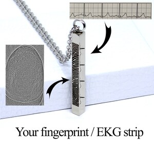 Men&#39;s/women&#39;s  Personalized urn bar Necklace. EKG strip engraving. Unisex fingerprint bar necklace. Handwriting bar necklace. Urn Keychain.