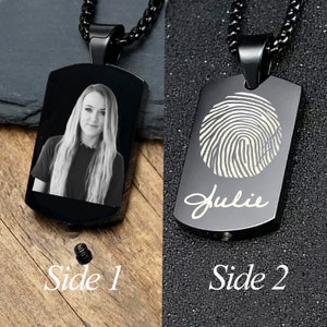 Unisex personalized urn necklace. Urn necklace. Dog photo urn necklace. Ash dog tag necklace. EKG engraving. Fingerprint urn necklace.