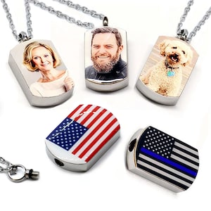 Unisex personalized urn necklace. Urn necklace. Dog photo urn necklace. Ash dog tag necklace. EKG engraving. Fingerprint urn necklace.