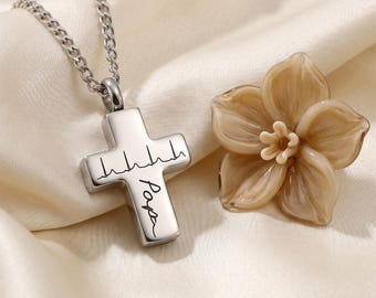 Collana con urna a croce in acciaio inossidabile / Incisione a linea del battito cardiaco ECG / Ricordo commemorativo per cremazione