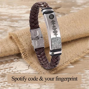 Spotify Code flätat läderarmband | Rostfritt stål fingeravtryck handskrift lasergravyr | Personlig present