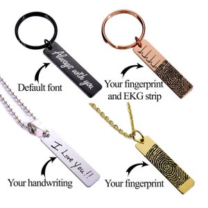 Personalisierte Bar Schlüsselanhänger. Papa Geschenk. Mama Geschenk, Fingerabdruck Bar Halskette. Handschrift bar Halskette. EKG-Stripgravur