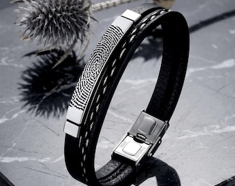 Personalized Leather Fingerprint Bracelet for Men, Custom Engraved Dad Gift