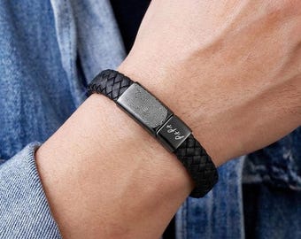 Personalized Urn Bracelet | Braided Leather | Fingerprint Handwriting EKG Engraved | Fathers Day Gift