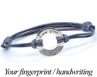 Personalized circle bracelet, fingerprint bracelet, handwriting bracelet, engraved women's bracelet, silver bracelet.