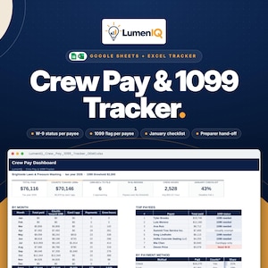 以下が含まれることがあります： LumenIQによるGoogle SheetsおよびExcel用のデジタルCrew Pay & 1099 Trackerスプレッドシート。インターフェースには、財務指標、月次支払いテーブル、2024年度のデータ概要を含むCrew Payダッシュボードが表示されています。